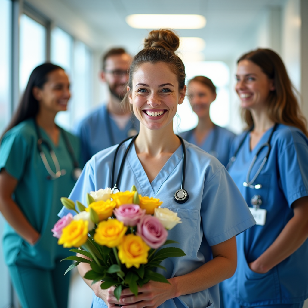 Sarah Mitchell smiling warmly while standing with her medical care team in a hospital setting, holding a bouquet of flowers. She appears healthy and vibrant, wearing casual clothes, surrounded by doctors and nurses in medical attire. The background shows a bright, modern hospital corridor with natural light streaming through windows. The atmosphere is celebratory and hopeful, capturing a moment of gratitude and triumph over medical adversity.